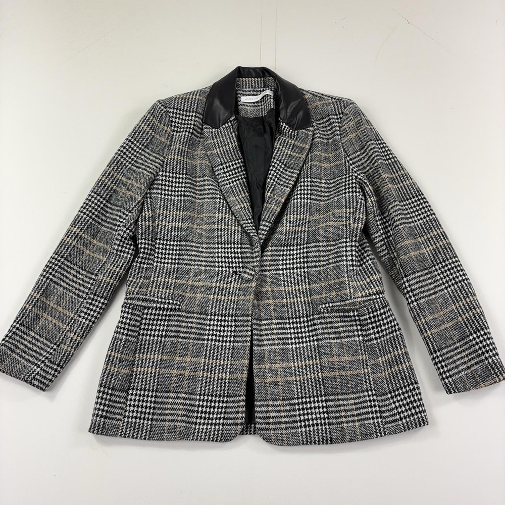 Altar'd State Blazer Womens XS Gray Plaid Faux Leather Collar Lined Jacket